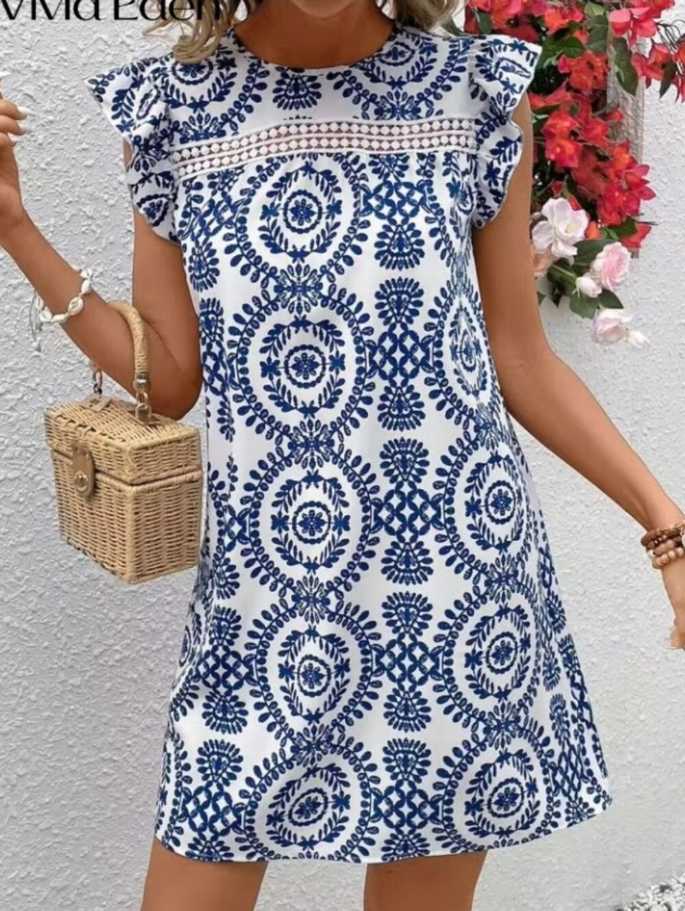 Vivid Eden L Summer Womens Round Neck Cap Sleeve Dress Lace Patchwork A Line - Picture 1 of 15